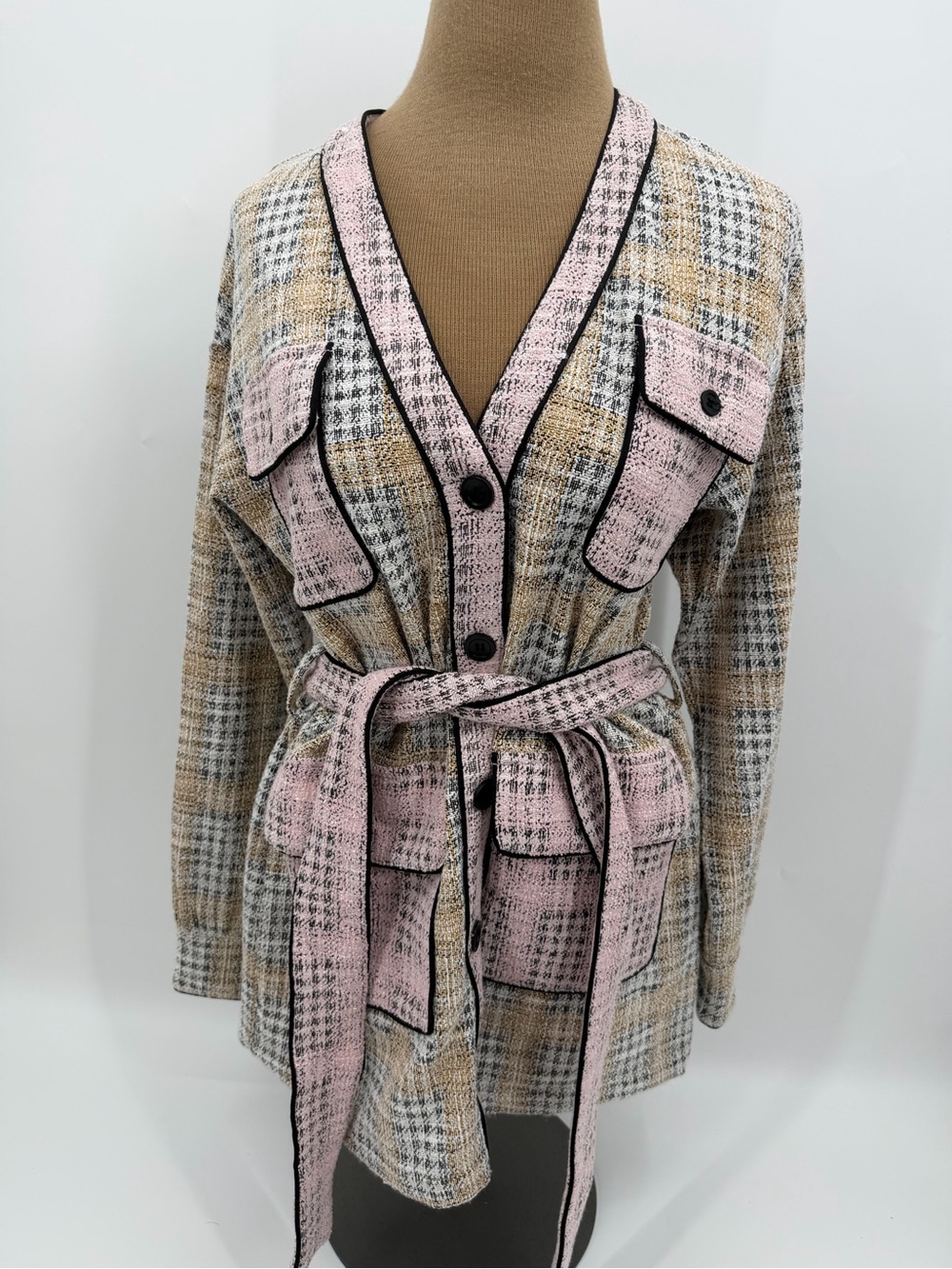Walter Baker NWT Plaid Fusion Tweed Belted Jacket Pink Tan M